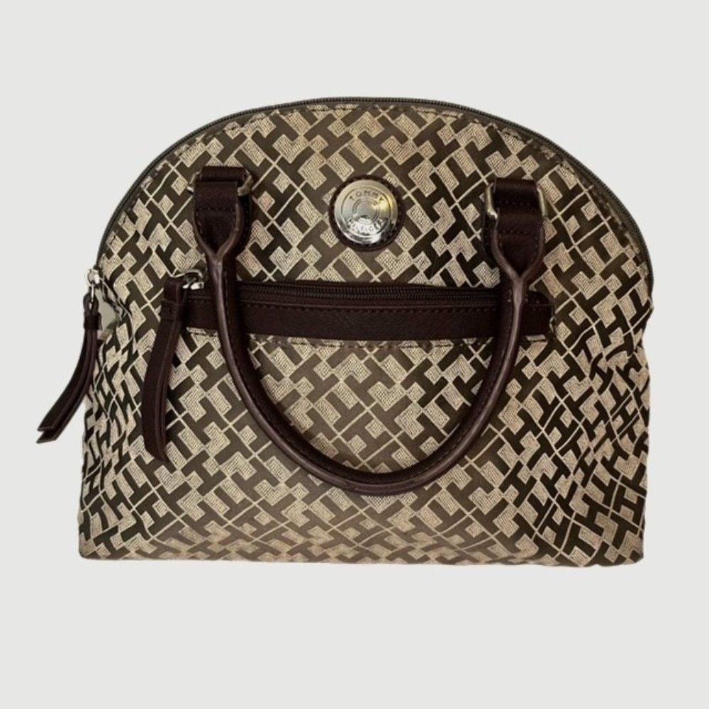Tommy Hilfiger Classic Monogram Satchel Bag Purse Tan and Brown